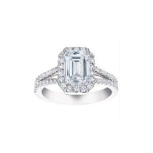 Emerald Cut Split Shank Halo Diamond Engagement Ring