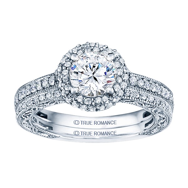Rm1403 -14k White Gold Round Cut Double Halo Diamond Vintage Engagement Ring