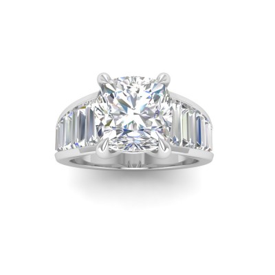 2 Ct Cushion Near Colorless Lab Diamond Wide Baguette Facet Engagement Ring