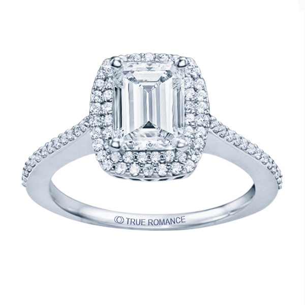 14k White Gold Emerald Cut Double Halo Diamond Engagement Ring