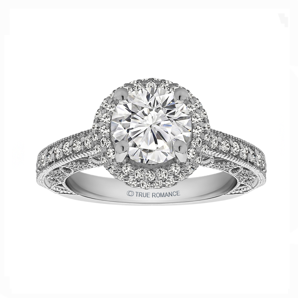 Rm1403 -14k White Gold Round Cut Double Halo Diamond Vintage Engagement Ring