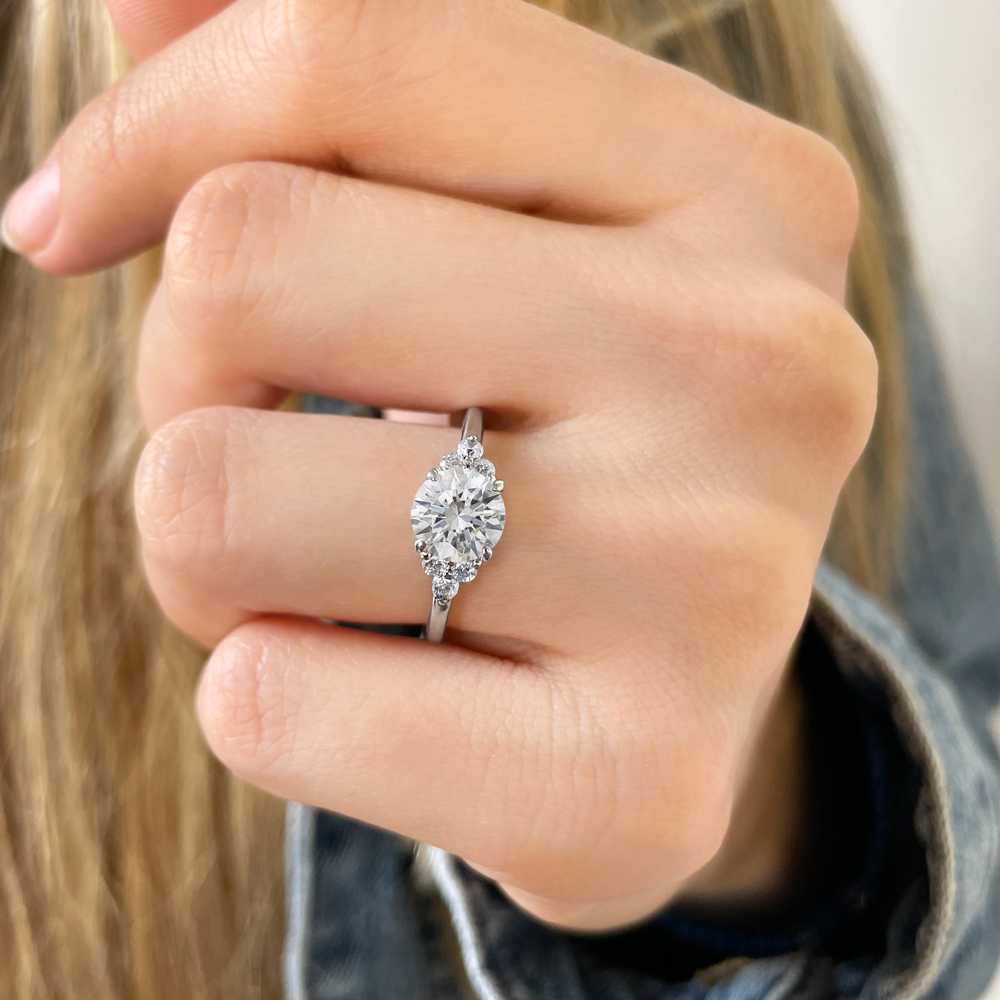 3 Ct Round Near Colorless Lab Diamond & 0.18 Graduated Side Diamond Engagement Ring