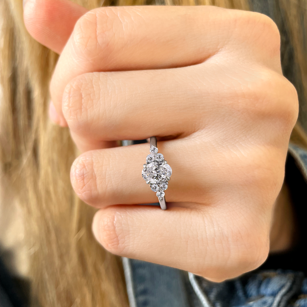 3 Ct Cushion Near Colorless Lab Diamond & 0.18 Graduated Side Diamond Engagement Ring