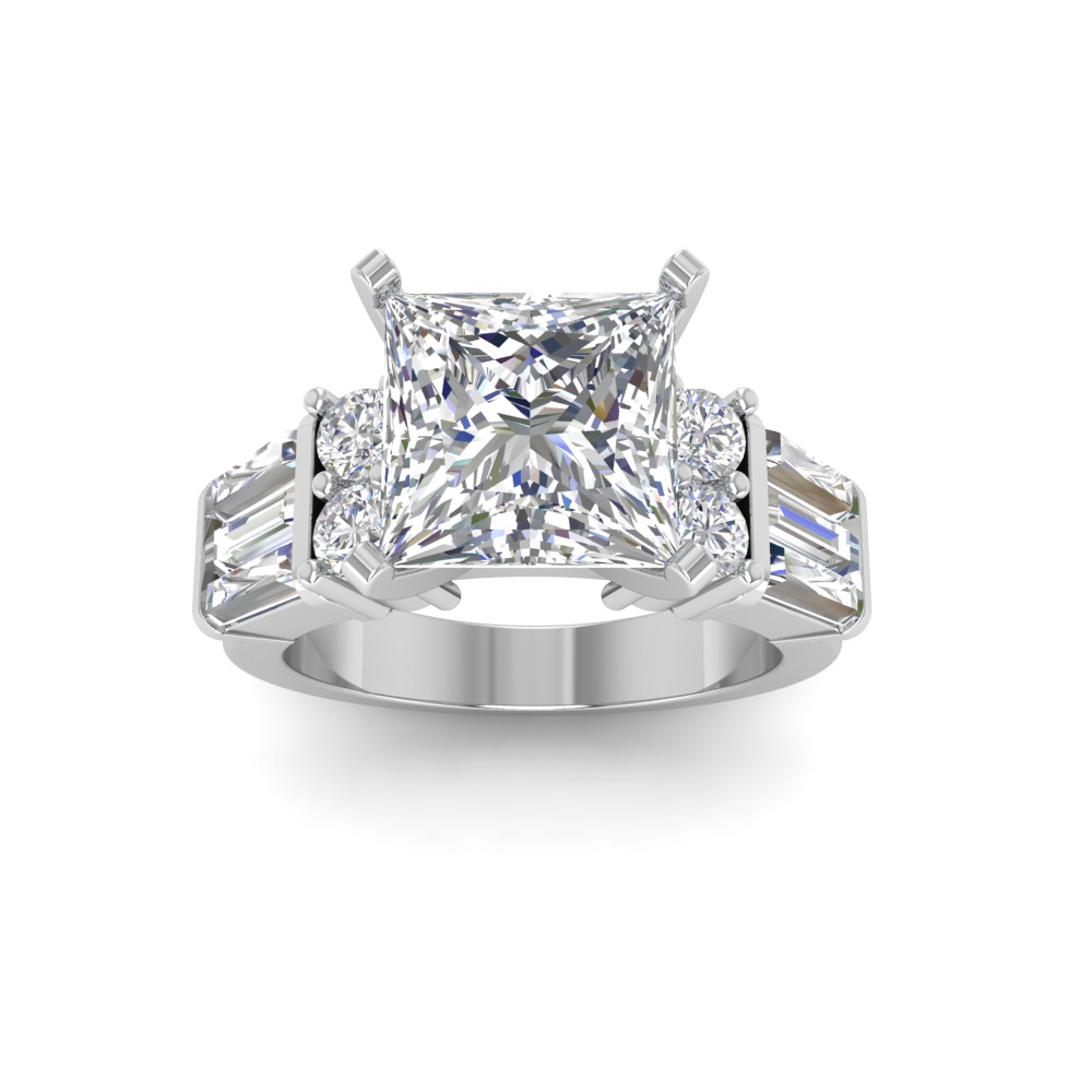 2 Ct Princess Near Colorless Lab Diamond & 1.67 Ctw Near Colorless Lab Diamond Baguette Cut Wide Band Engagement Ring