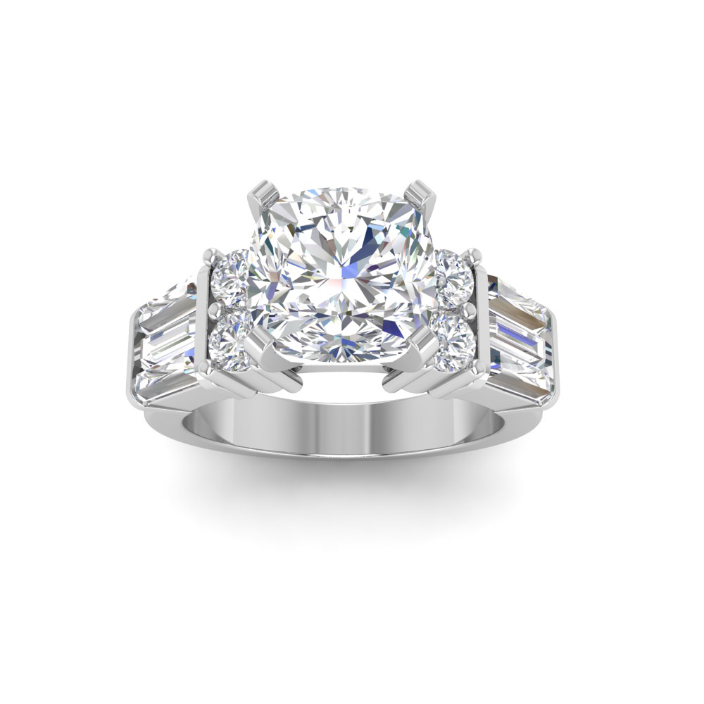 2 Ct Cushion Near Colorless Lab Diamond & 1.67 Ctw Near Colorless Lab Diamond Baguette Cut Wide Band Engagement Ring