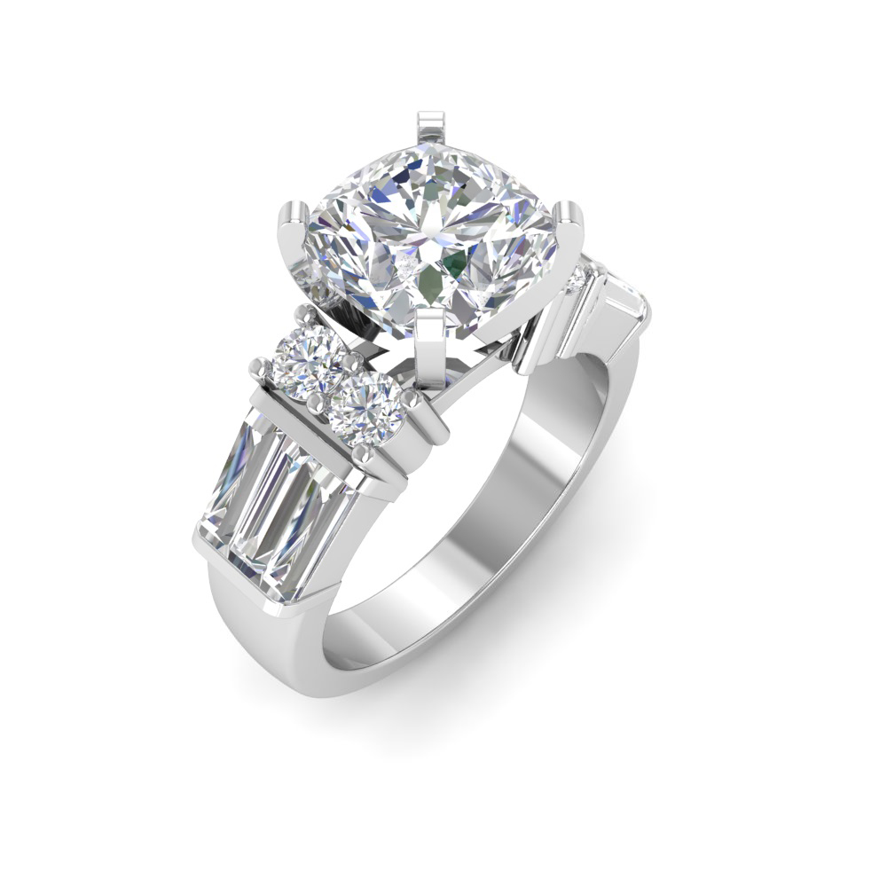 2 Ct Cushion Near Colorless Lab Diamond & 1.67 Ctw Near Colorless Lab Diamond Baguette Cut Wide Band Engagement Ring