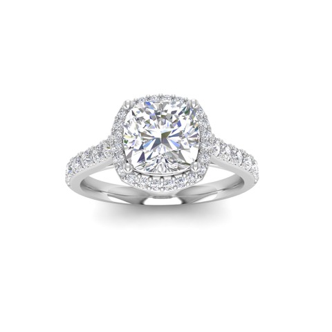 1 Ct Cushion Near Colorless Lab Diamond & 0.41 Ctw Side Lab Diamond Classic Pavé Halo Engagement Ring