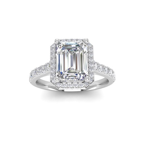3 Ct Emerald Near Colorless Lab Diamond & 0.41 Ctw Side Lab Diamond Classic Pavé Halo Engagement Ring