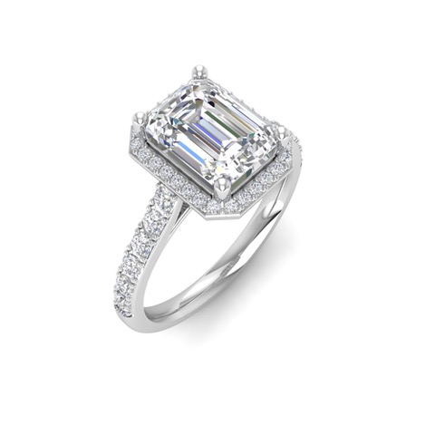 1 Ct Emerald Near Colorless Lab Diamond & 0.41 Ctw Side Lab Diamond Classic Pavé Halo Engagement Ring