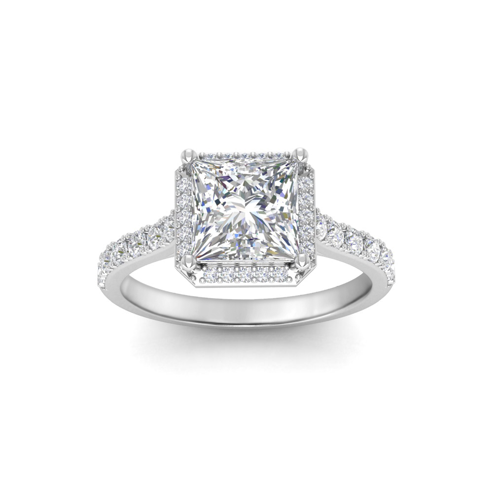 1 Ct Princess Near Colorless Lab Diamond & 0.41 Ctw Side Lab Diamond Classic Pavé Halo Engagement Ring