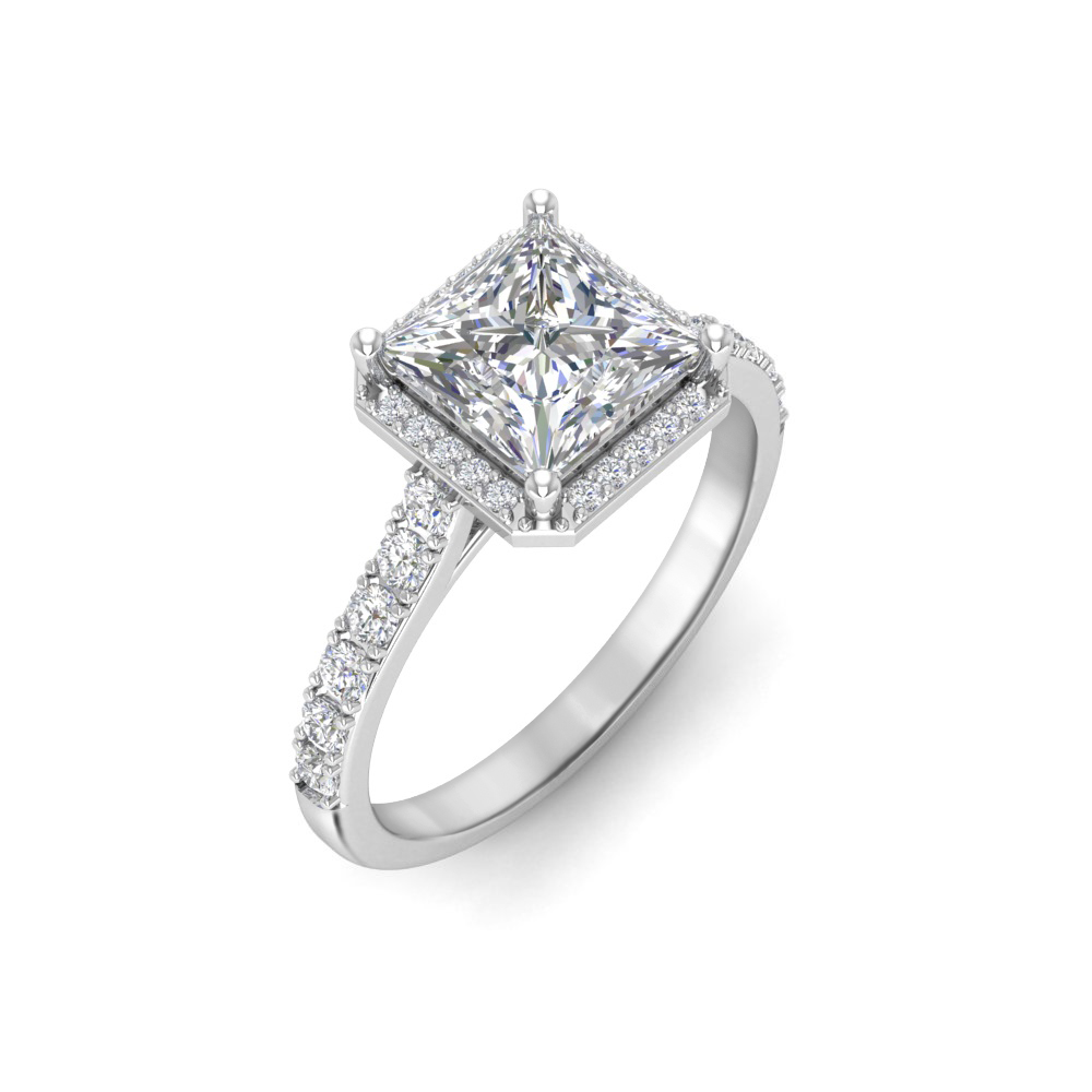 1 Ct Princess Near Colorless Lab Diamond & 0.41 Ctw Side Lab Diamond Classic Pavé Halo Engagement Ring