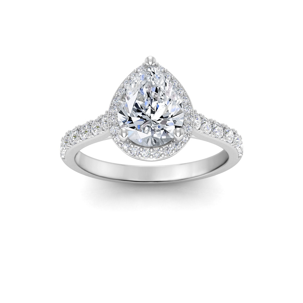 3 Ct Pear Near Colorless Lab Diamond & 0.41 Ctw Side Lab Diamond Classic Pavé Halo Engagement Ring