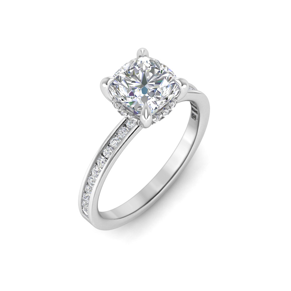 5 Ct Cushion Near Colorless Lab Diamond & 0.33 Ctw Channel Set Hidden Halo Engagement Ring