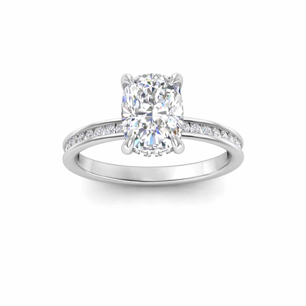 5 Ct Elongated Cushion Near Colorless Lab Diamond & 0.33 Ctw Channel Set Hidden Halo Engagement Ring
