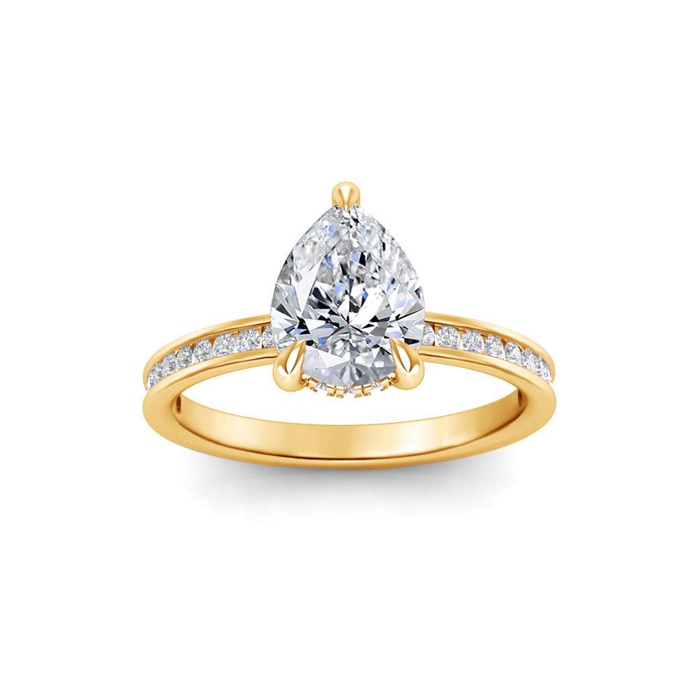 1 Ct Pear Colorless Moissanite & 0.33 Ctw Lab Diamond Channel Set Hidden Halo Engagement Ring