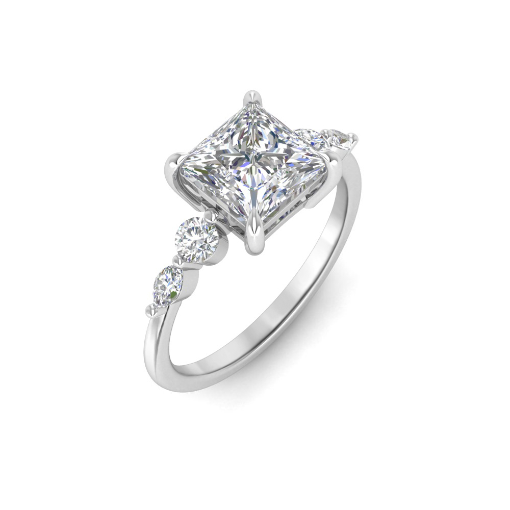 3 Ct Princess Near Colorless Lab Diamond & 0.34 Ctw Marquise & Round Engagement Ring