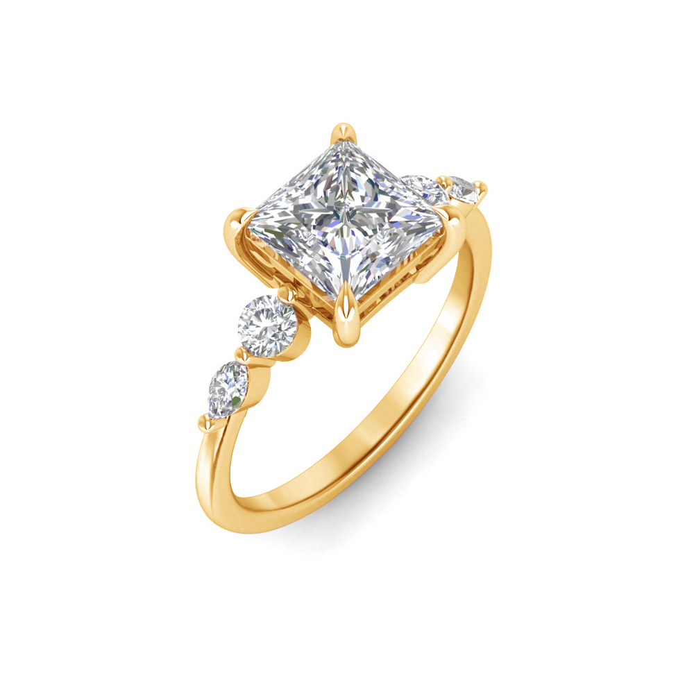 1 Ct Princess Near Colorless Lab Diamond & 0.34 Ctw Marquise & Round Engagement Ring