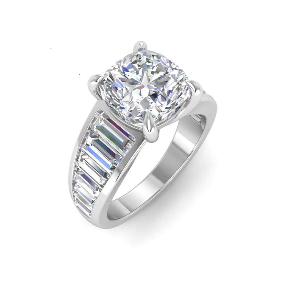 2 Ct Cushion Near Colorless Lab Diamond Wide Baguette Facet Engagement Ring