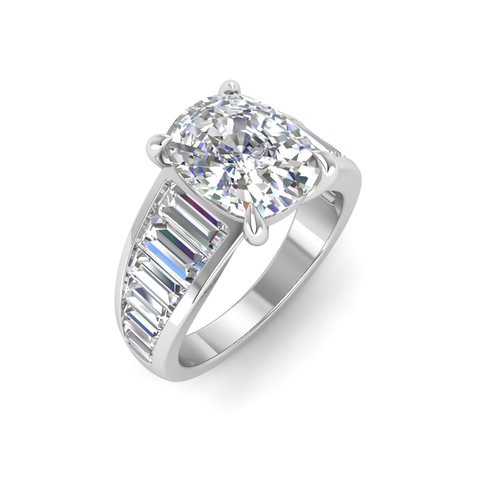 2 Ct Elongated Cushion Near Colorless Lab Diamond Wide Baguette Facet Engagement Ring
