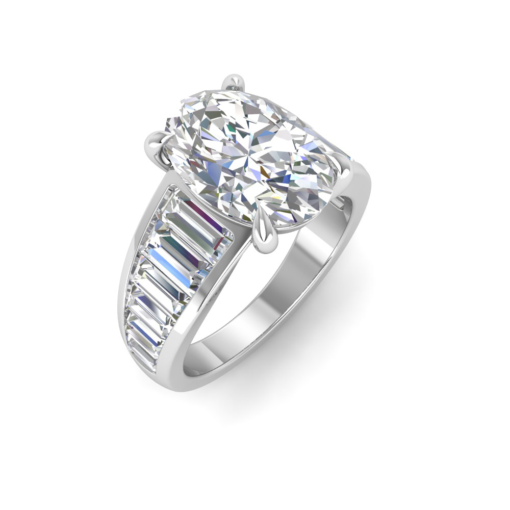 2 Ct Oval Near Colorless Lab Diamond Wide Baguette Facet Engagement Ring