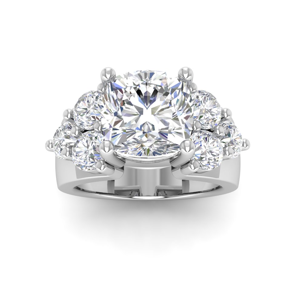 6 Ct Cushion Near Colorless Lab Diamond & 2 Ctw Side Lab Diamond Cluster Statement Engagement Ring