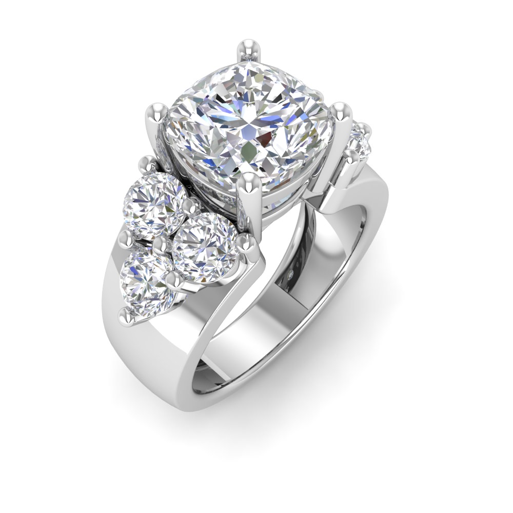 6 Ct Cushion Near Colorless Lab Diamond & 2 Ctw Side Lab Diamond Cluster Statement Engagement Ring