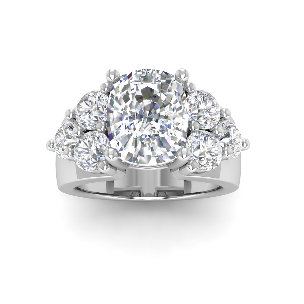 6 Ct Elongated Cushion Near Colorless Lab Diamond & 2 Ctw Side Lab Diamond Cluster Statement Engagement Ring
