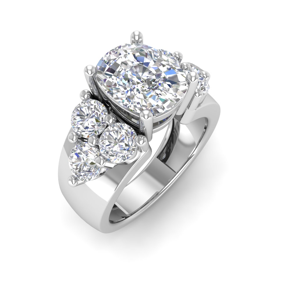 6 Ct Elongated Cushion Near Colorless Lab Diamond & 2 Ctw Side Lab Diamond Cluster Statement Engagement Ring