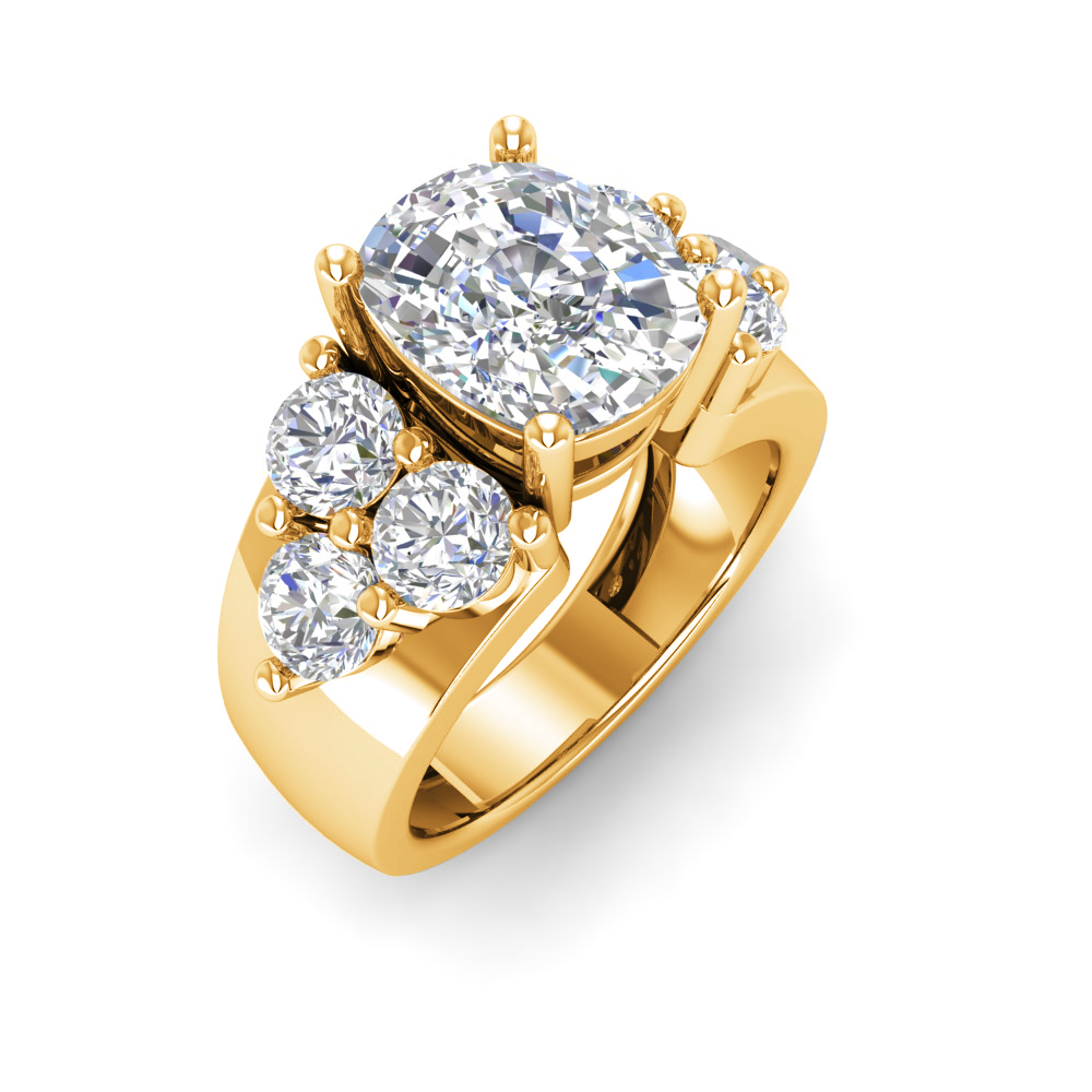 6 Ct Elongated Cushion Near Colorless Lab Diamond & 2 Ctw Side Lab Diamond Cluster Statement Engagement Ring