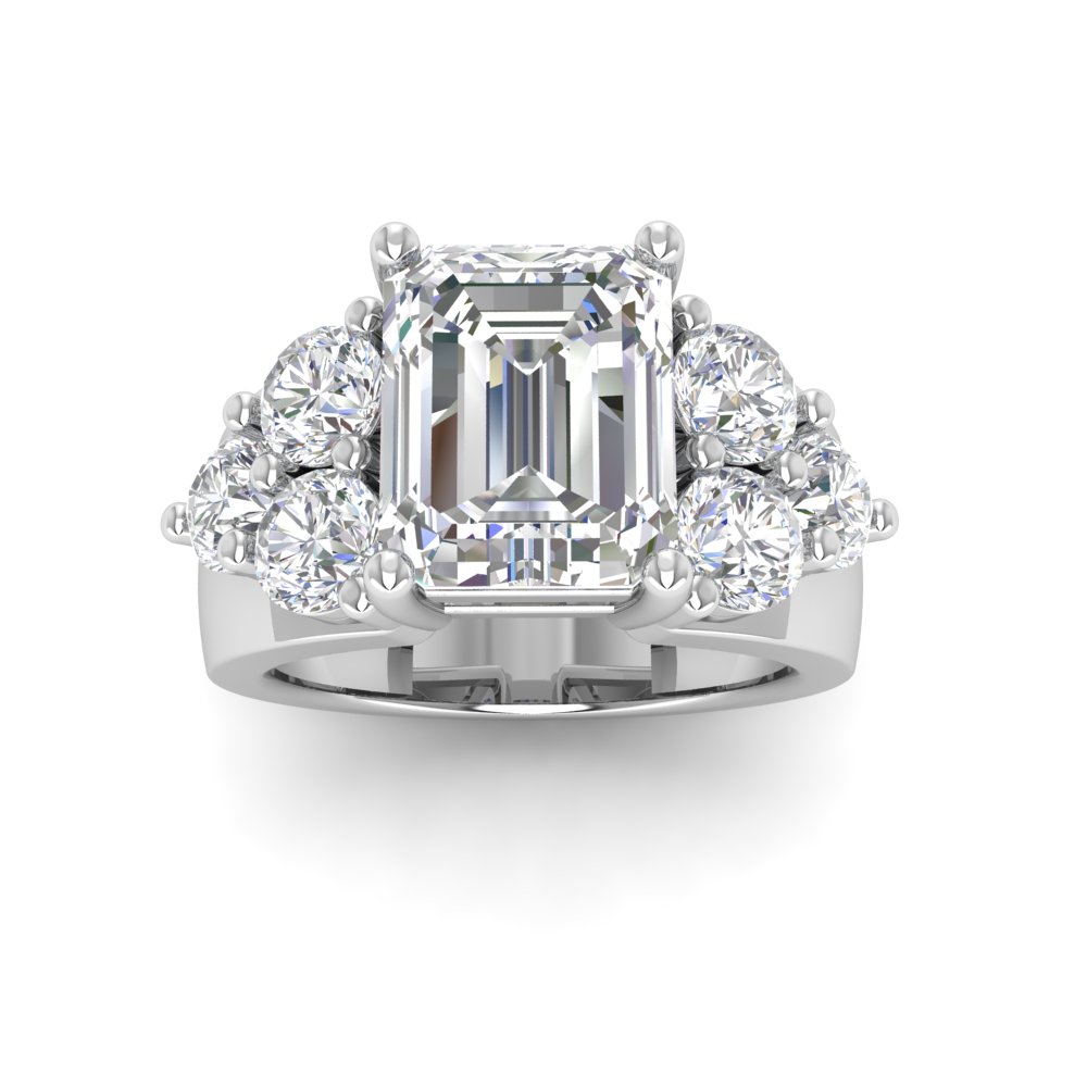 6 Ct Emerald Near Colorless Lab Diamond & 2 Ctw Side Lab Diamond Cluster Statement Engagement Ring