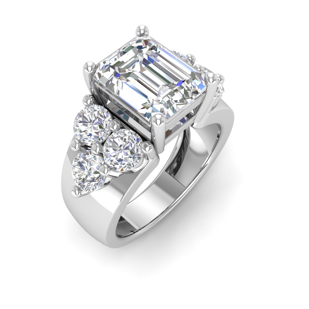 6 Ct Emerald Near Colorless Lab Diamond & 2 Ctw Side Lab Diamond Cluster Statement Engagement Ring