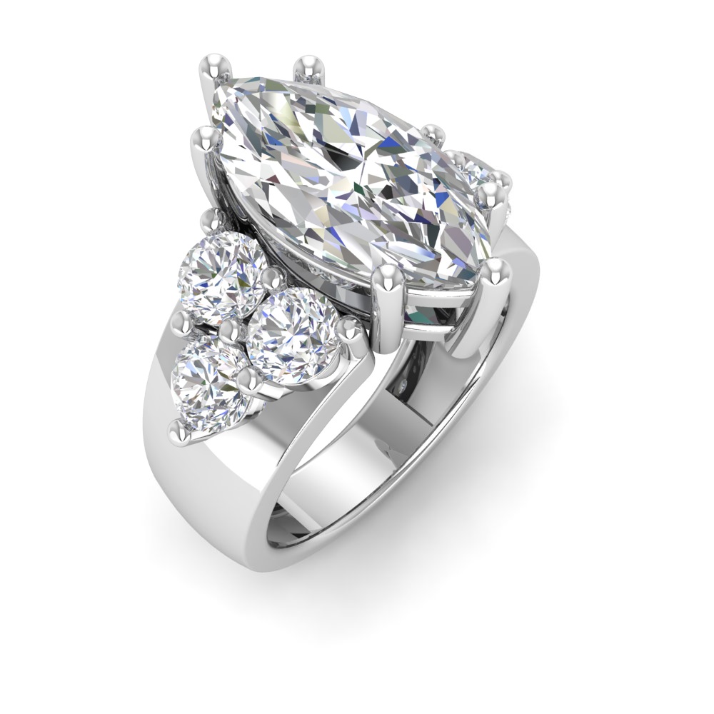 6 Ct Marquise Near Colorless Lab Diamond & 2 Ctw Side Lab Diamond Cluster Statement Engagement Ring