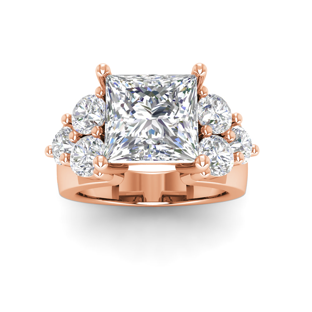 6 Ct Princess Near Colorless Lab Diamond & 2 Ctw Side Lab Diamond Cluster Statement Engagement Ring