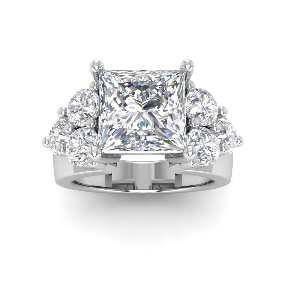 6 Ct Princess Near Colorless Lab Diamond & 2 Ctw Side Lab Diamond Cluster Statement Engagement Ring