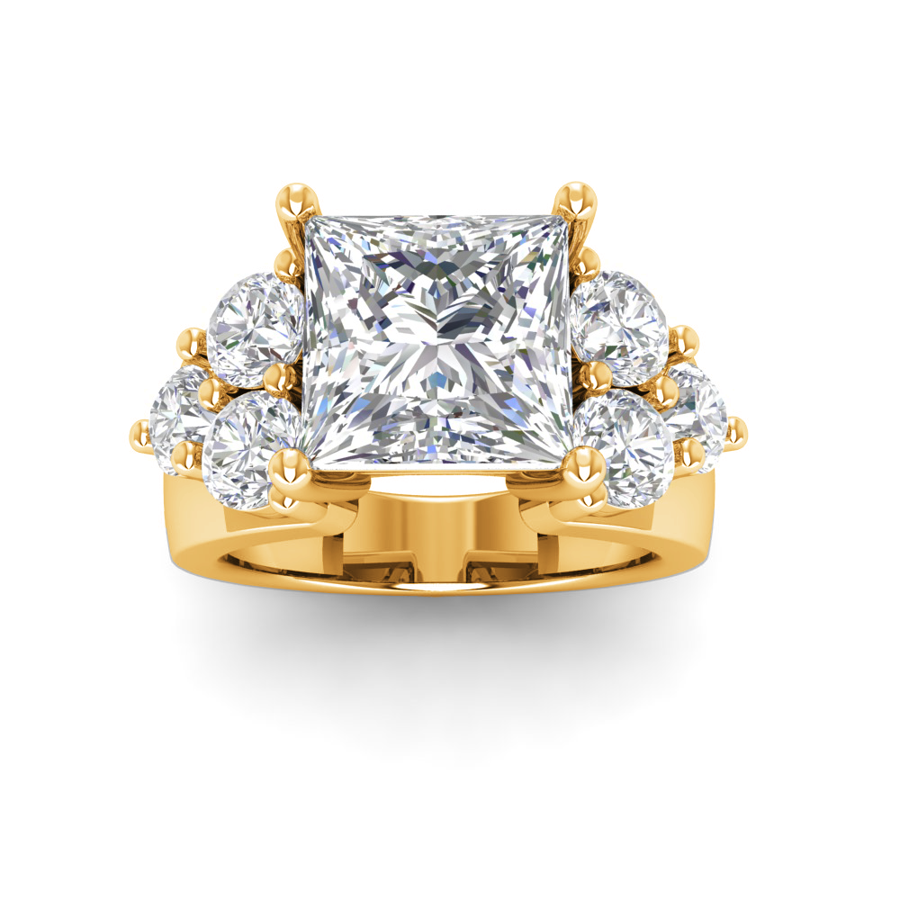 6 Ct Princess Near Colorless Lab Diamond & 2 Ctw Side Lab Diamond Cluster Statement Engagement Ring