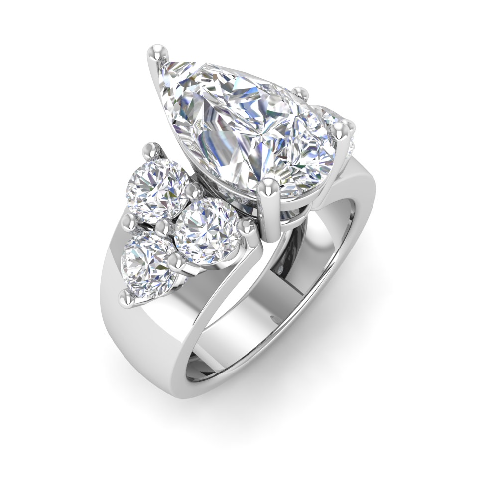 6 Ct Pear Near Colorless Lab Diamond & 2 Ctw Side Lab Diamond Cluster Statement Engagement Ring