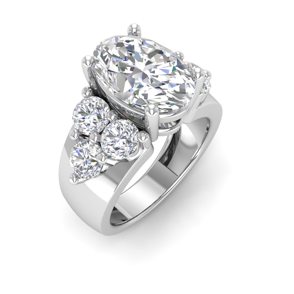 6 Ct Oval Near Colorless Lab Diamond & 2 Ctw Side Lab Diamond Cluster Statement Engagement Ring