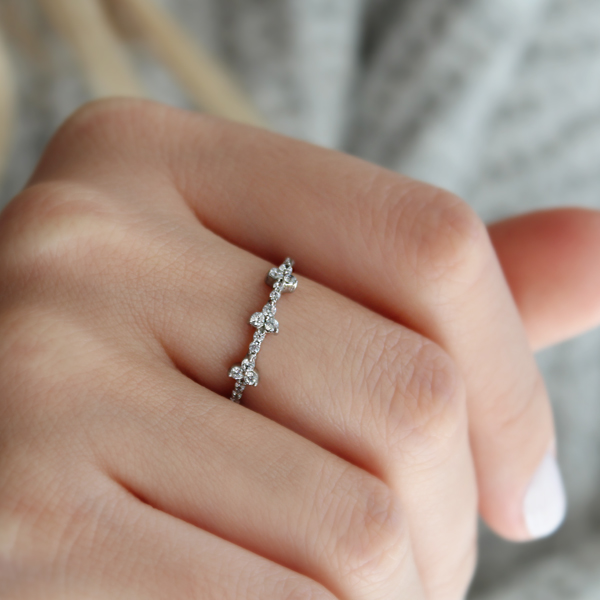 Colorless Moissanite Three Stone Cluster Stackable Band